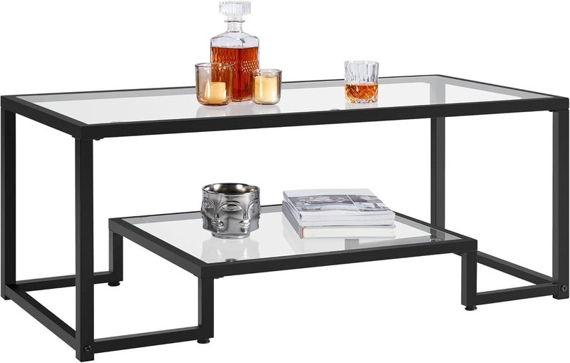 Yaheetech Coffee Table, Tempered Glass Coffee Table, Modern Simple Center Tables w/Geometric-Inspired Design & Metal-Frame & Easy Assembly & Open Storage Shelf for Living Room, Office, Black - Image 1